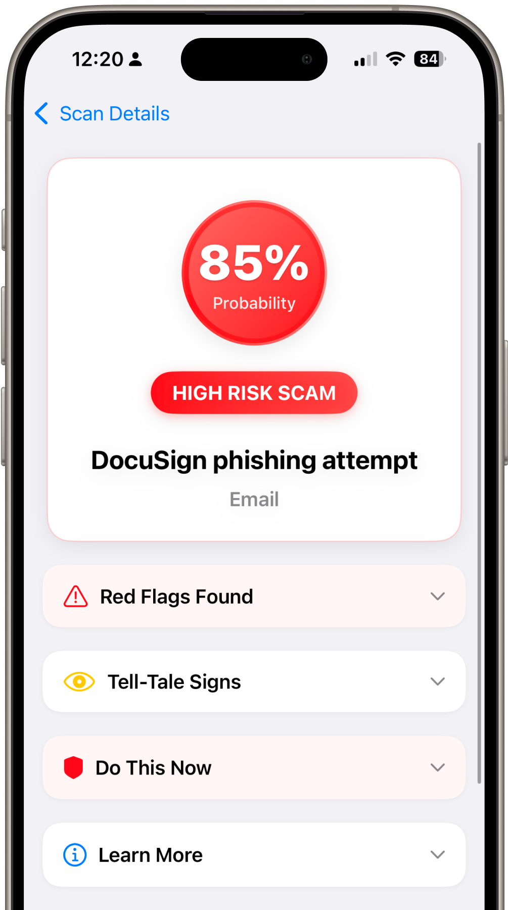 iPhone 15 Pro displaying Scam Helper app
